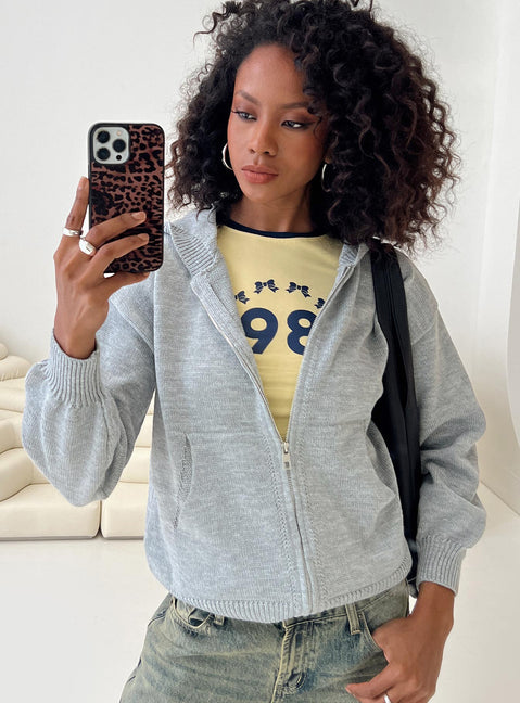 front view of model wearing Princess Polly Morrigan Zip Up Hooded Sweater Grey Marle Cropped 