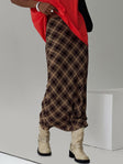   side view of model wearing Princess Polly Hayze Maxi Skirt Brown Check Maxi 