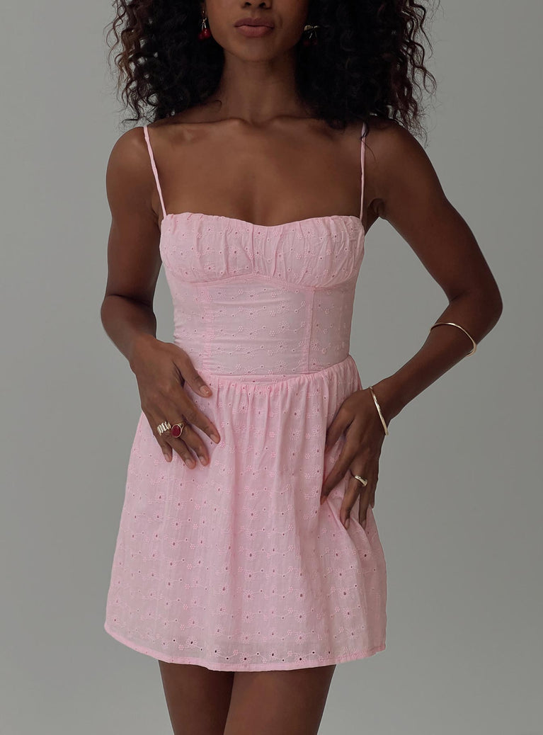 front view of model wearing Princess Polly Mckilah Mini Dress Pink Sweetheart Neckline 