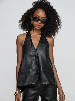 front view of model wearing Princess Polly Hills Halter Onyx Sleeveless V-Neck 