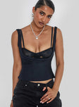 front view of model wearing Princess Polly Delilah Top Navy Sleeveless Cowl 