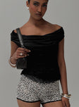 front view of model wearing Princess Polly Sonnie Off Shoulder Top Black Short Sleeves Cowl 