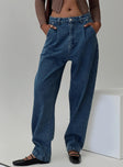 front view of model wearing Princess Polly Forestier Pin Tuck Jeans Mid Blue High Waisted 