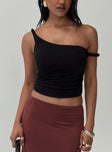 front view of model wearing Princess Polly Messenger One Shoulder Top Black Sleeveless Asymmetric Neckline 