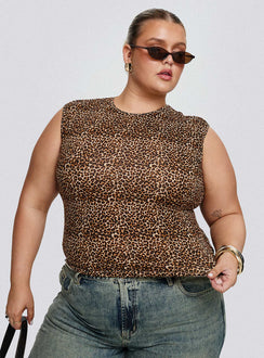 front view of model wearing Princess Polly Lure Top Leopard Curve Sleeveless Crew Neck 