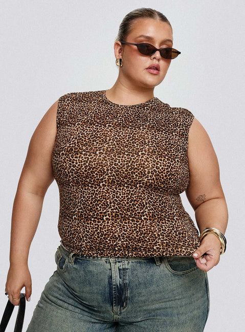 front view of model wearing Princess Polly Lure Top Leopard Curve Sleeveless Crew Neck 