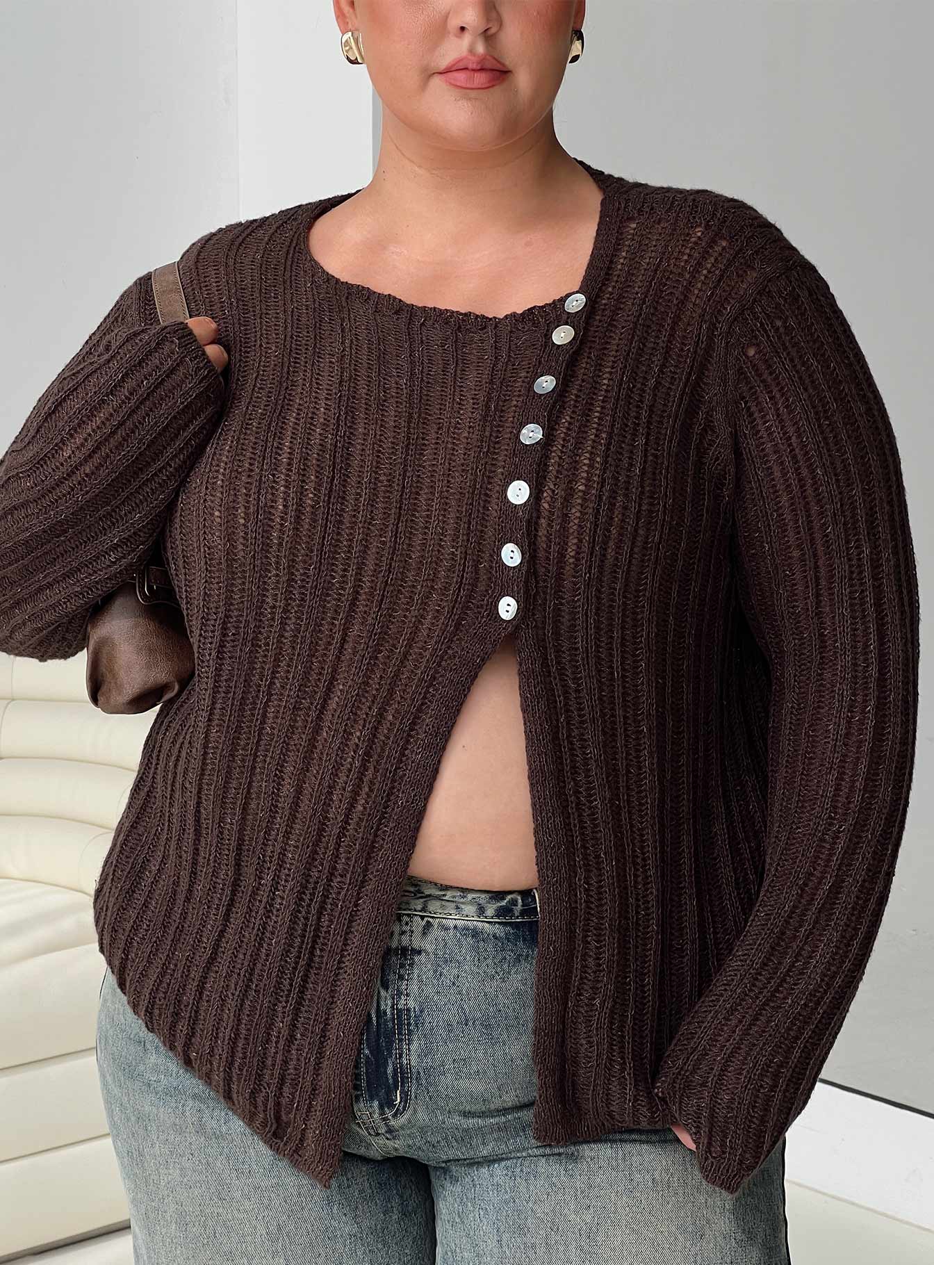 front view of model wearing Princess Polly Lenker Knit Jumper Brown Curve Long 