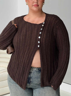 front view of model wearing Princess Polly Lenker Knit Jumper Brown Curve Long 