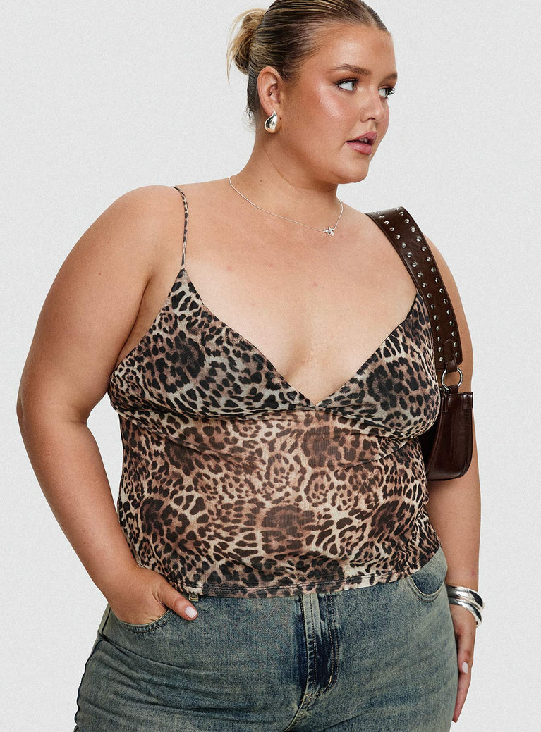 front view of model wearing Princess Polly Fast Times Top Leopard Curve Sleeveless Plunger 