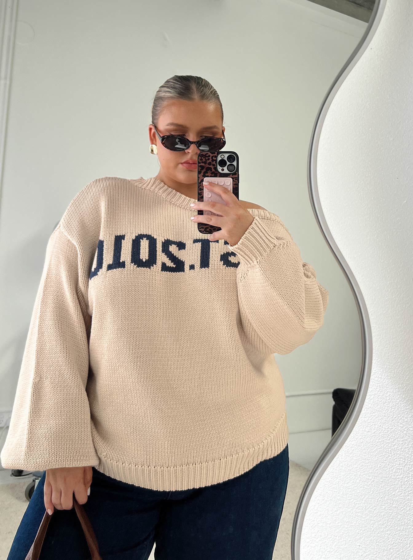 front view of model wearing Princess Polly Jadynn Off Shoulder Knit Sweater Cream Curve 