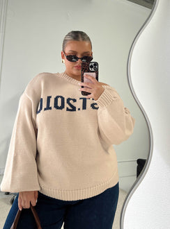 front view of model wearing Princess Polly Jadynn Off Shoulder Knit Sweater Cream Curve 