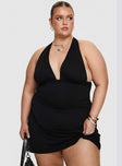 front view of model wearing Princess Polly Tinisie Halter Mini Dress Black Curve Plunger 