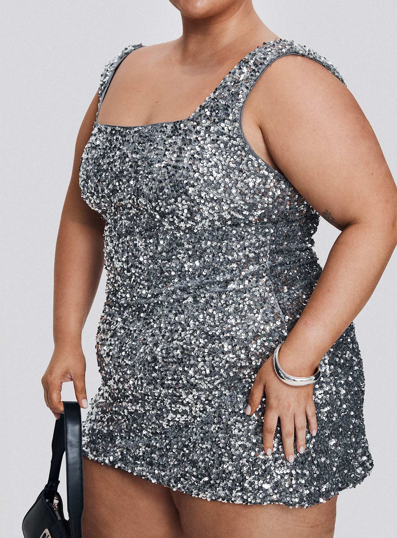 back view of model wearing Princess Polly Miss Me Sequin Mini Dress Silver Curve Square Neck 