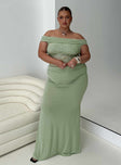 side view of model wearing Princess Polly Gwendolen Off The Shoulder Maxi Dress Green Curve Straight Neck 