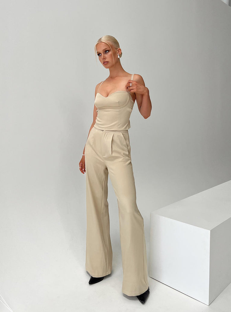 Beige Matching set Slim fitting adjustable shoulder straps sweetheart neckline zip fastening at back Tailored pants zip and clasp fastening twin hip pockets subtle pleats at waist