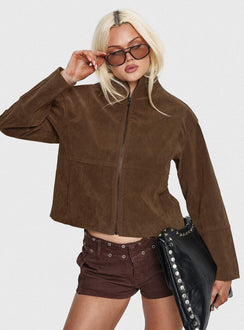 Jessalynn Faux Suede Zip Through Jacket Brown