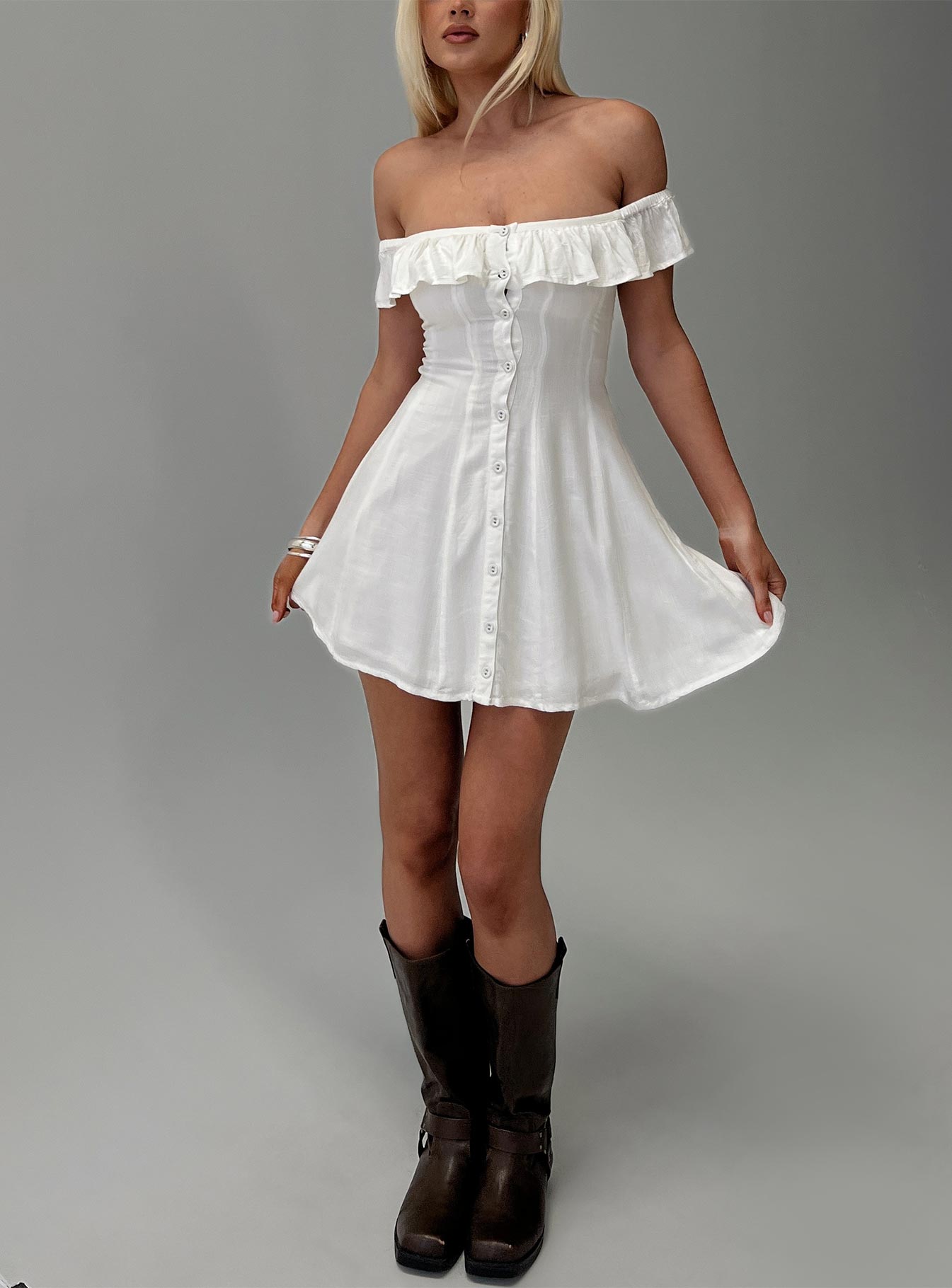 Corail Off Shoulder Frill Mini Dress White