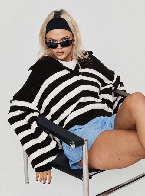 front view of model wearing Princess Polly Williamson Stripe Sweater Black / Cream 