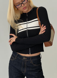 side view of model wearing Princess Polly Decisive Zip Through Knit Sweater Black / White cropped 