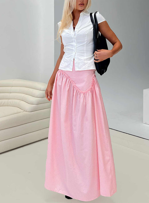   front view of model wearing Princess Polly Apresia Maxi Skirt Pink Gingham Maxi 