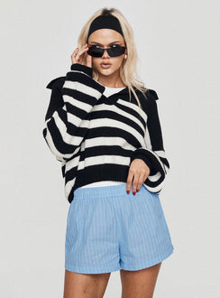 front view of model wearing Princess Polly Maxxy Boxer Shorts Blue Stripe High Waisted Shorts 