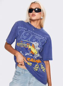 back view of model wearing Princess Polly Dodge 1969 Oversized Graphic Top Blue Half Sleeves Crew Neck 