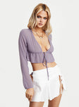 Crop top Sheer material, open-front design, long sleeve, open-front design  Tie fastening at bust 