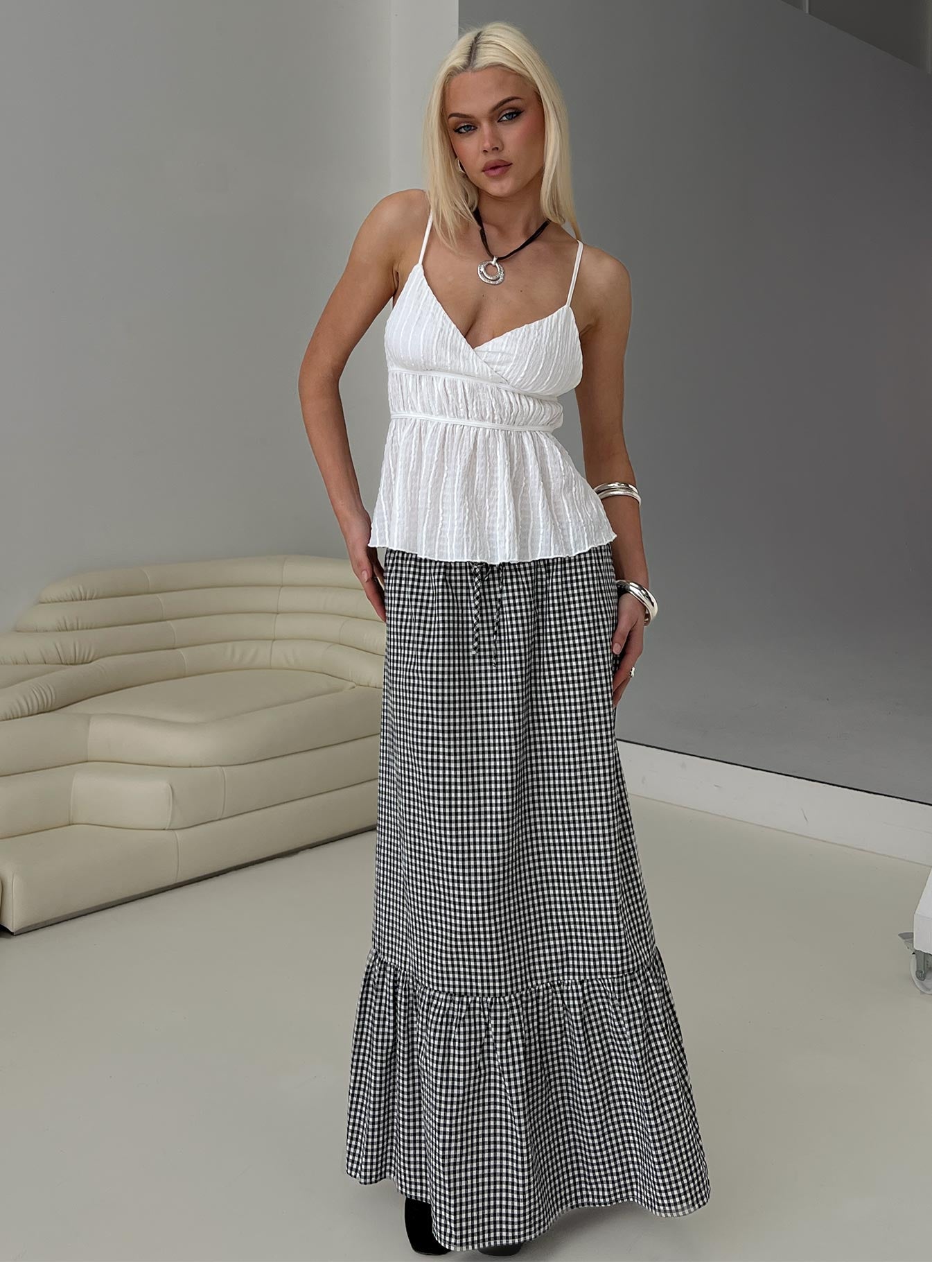   front view of model wearing Princess Polly Modern Girl Maxi Skirt Black / White Gingham Maxi 