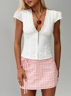 front view of model wearing Princess Polly Speechless Lace Trim Top White Short Sleeves Plunger 