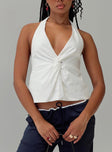 front view of model wearing Princess Polly Millbank Top White Sleeveless Plunger 