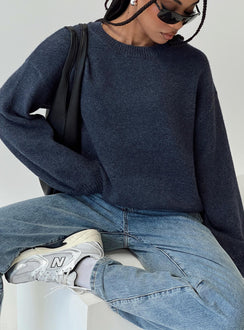 front view of model wearing Princess Polly Ryanna Sweater Navy Cropped 