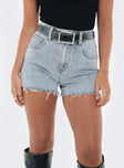 front view of model wearing Princess Polly Laurena Denim Shorts Petite Lower Impact High Waisted Shorts 