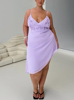 front view of model wearing Princess Polly Secret Gardens Asymmetrical Midi Dress Purple Curve Plunger 