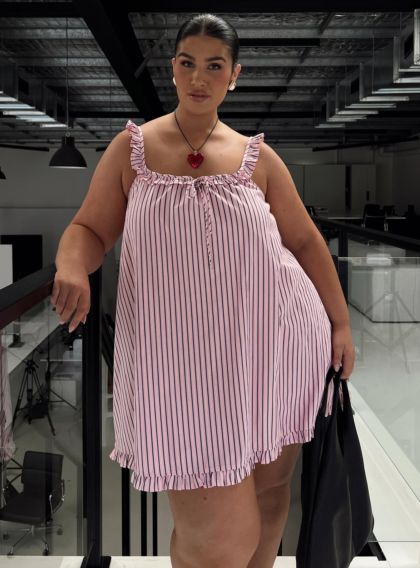 front view of model wearing Princess Polly Zalina Babydoll Mini Dress Pink Stripe Curve Square Neck 