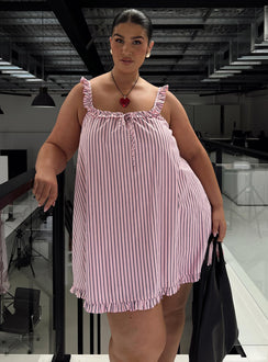 front view of model wearing Princess Polly Zalina Babydoll Mini Dress Pink Stripe Curve Square Neck 