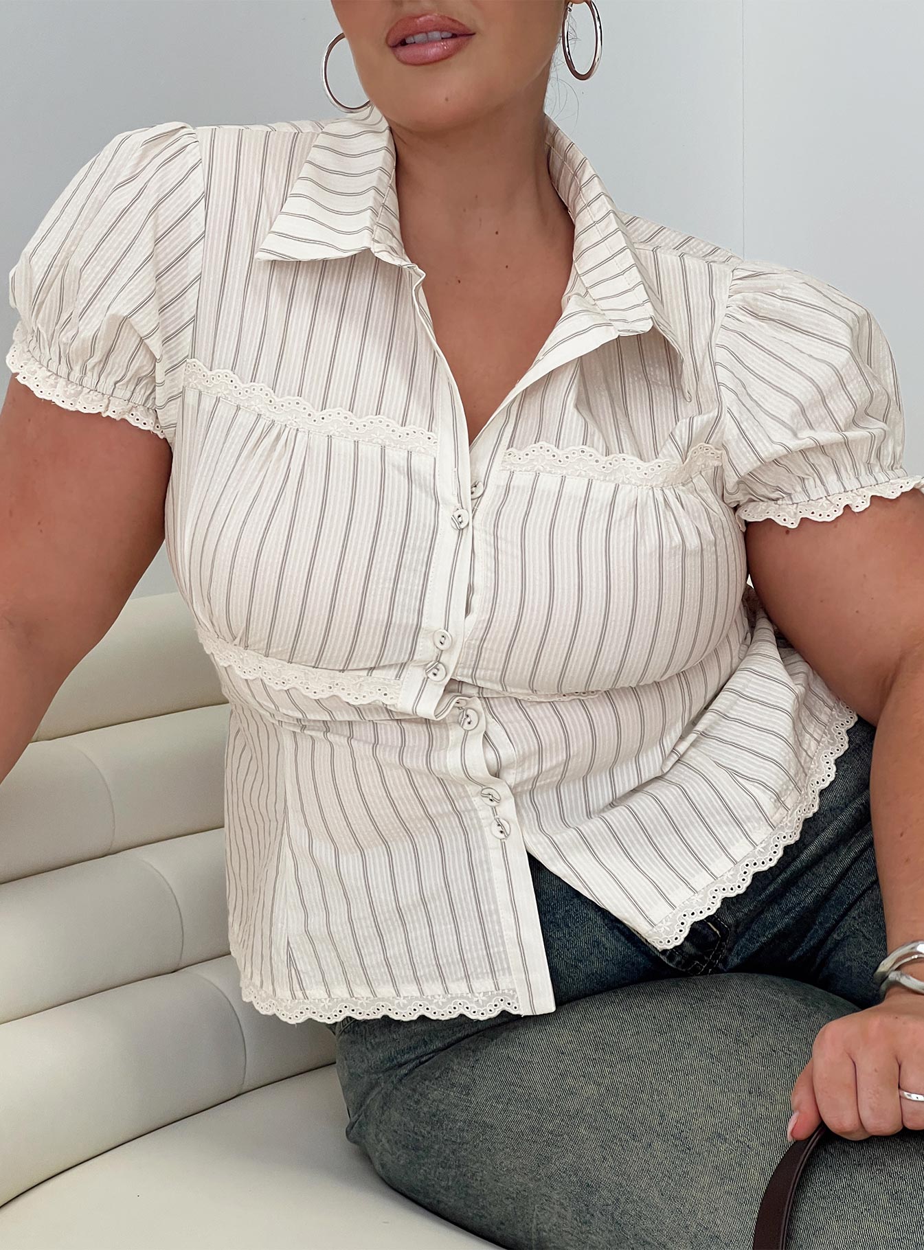 side view of model wearing Princess Polly Deserve You Puff Sleeve Button Front Top Cream Stripe Curve Short Sleeves V-Neck 