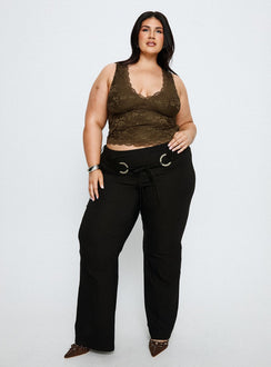 front view of model wearing Princess Polly Twinflame Low Rise Hardware Pants Black Curve Mid Rise Pants 