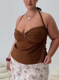 side view of model wearing Princess Polly Isabetta Halter Top Chocolate Curve Sleeveless Sweetheart 