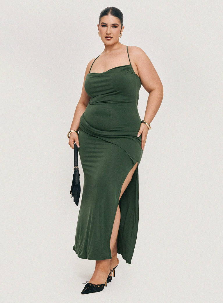 Green maxi dress Halter style, straight neckline, ruching detail, split in hem