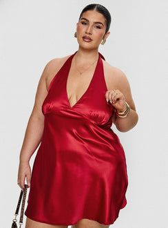 front view of model wearing Princess Polly Pelagia Halter Scarf Tie Mini Dress Red Curve Plunger 