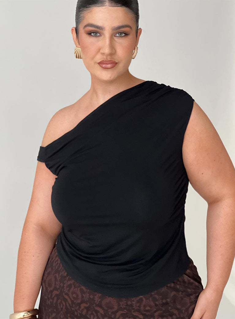 front view of model wearing Princess Polly Beller Top Black Curve Sleeveless Asymmetric Neckline 