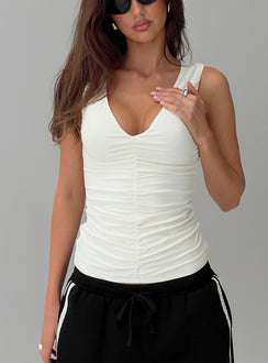 front view of model wearing Princess Polly Loving Is Easy Ruched Top White Sleeveless V-Neck 