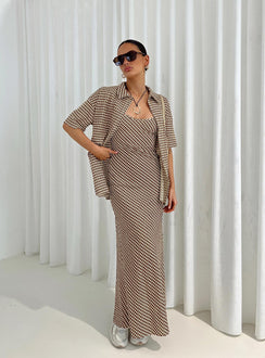 Matching maxi dress and shirt set Long sleeve shirt, classic collar, button front fastening Maxi dress, adjustable straps, tie fastening at back, invisible zip fastening at side