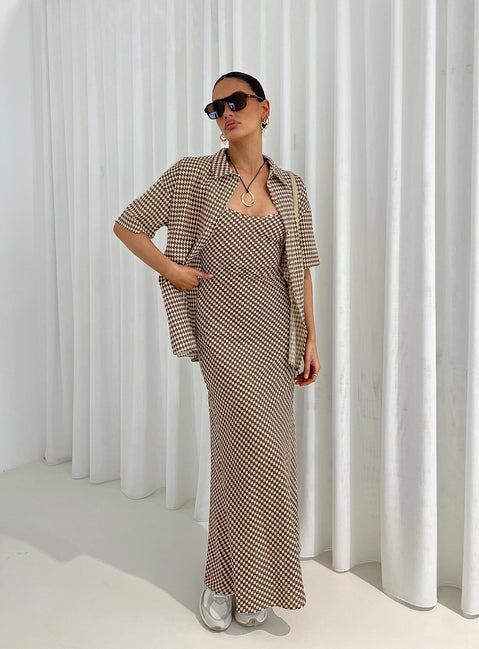 Matching maxi dress and shirt set Long sleeve shirt, classic collar, button front fastening Maxi dress, adjustable straps, tie fastening at back, invisible zip fastening at side