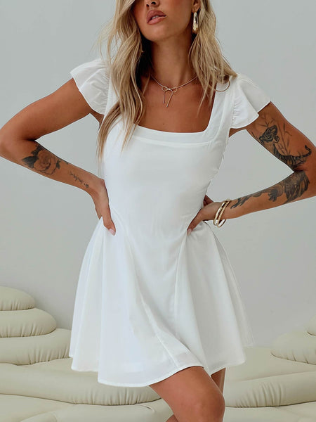 Mini dress Square neckline, cap sleeve, invisible zip fastening at side, waist tie at back Non-stretch material, fully lined  Princess Polly Lower Impact 