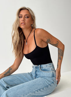 back view of model wearing Princess Polly Off Stage Bodysuit Black Sleeveless 