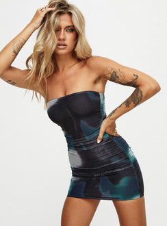 front view of model wearing Princess Polly Micah Mini Dress Navy Multi Petite Straight Neck 