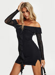 back view of model wearing Princess Polly Navaro Off The Shoulder Mini Dress Black Straight Neck 