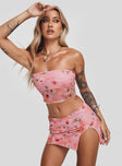 Matching set Mesh material, floral print, strapless style, inner silicone strip at bust, elasticated waist, split in hem Good stretch, fully lined  Princess Polly Lower Impact 