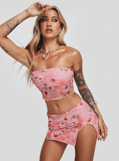 Matching set Mesh material, floral print, strapless style, inner silicone strip at bust, elasticated waist, split in hem Good stretch, fully lined  Princess Polly Lower Impact 